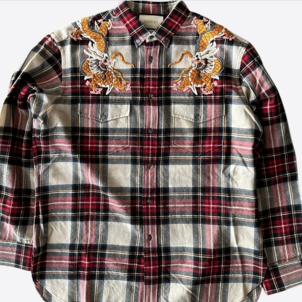Gucci Beige & Red Plaid Dragon Embroidered Flannel Shirt